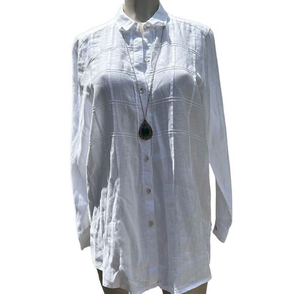 J. Jill Love Linen Tunic Blouse Women's Medium White Pintuck Plaid Button Front - Picture 6 of 15